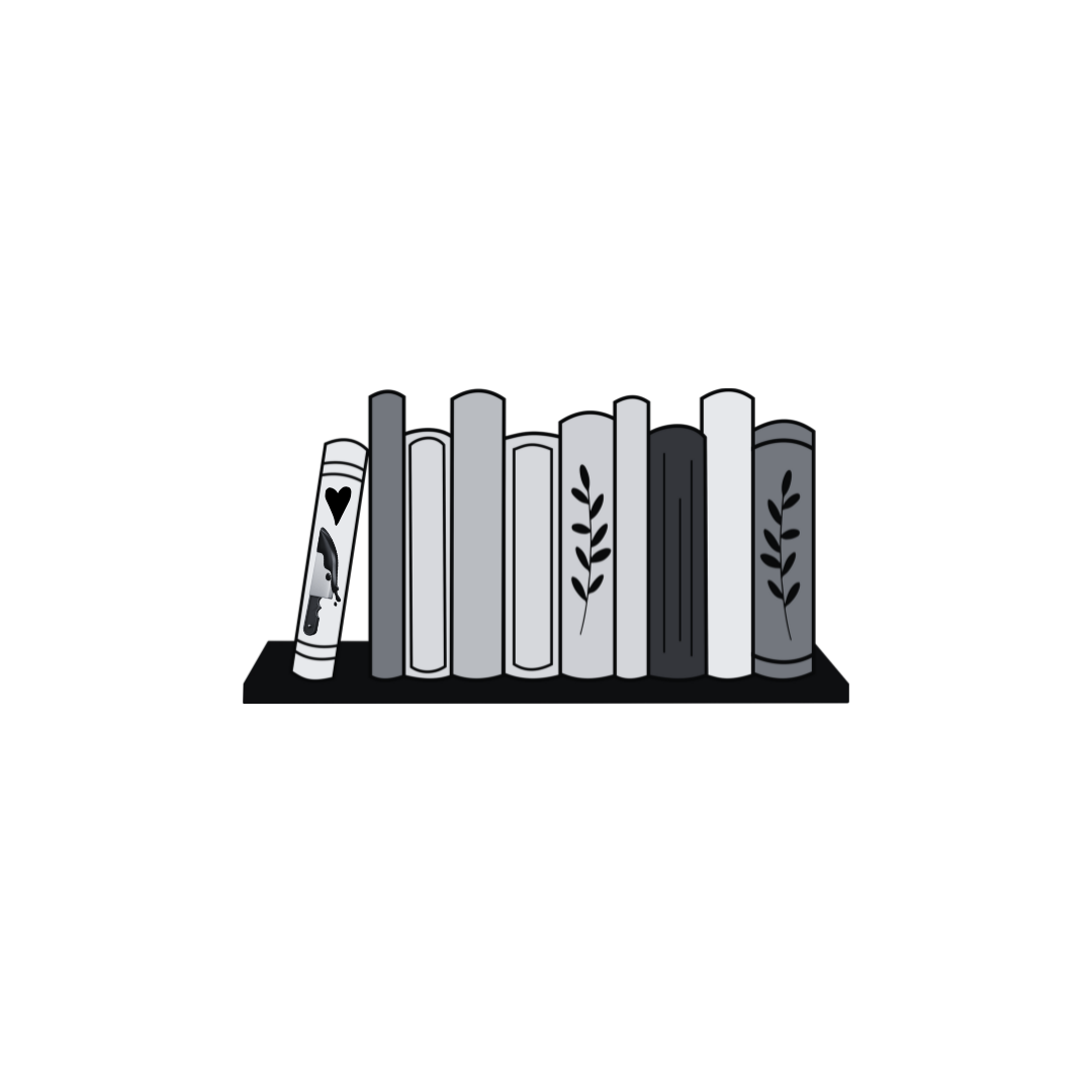 The text reads, "KS" at the top and "Author Services" at the bottom. A bookshelf with books is in the middle. One of the books has a heart and a bloody knife. The entire logo is inside a white circle with polka dots on the outside.