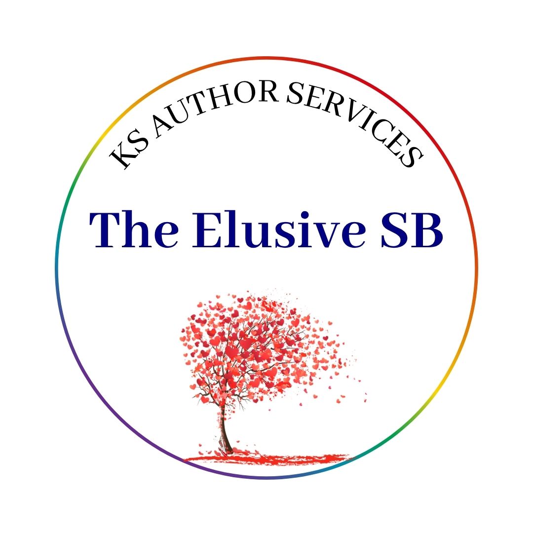 The words "KS Author Services" are in black in a half circle at the top. "The Elusive SB" is in the middle in PNW blue. A red heart tree with many bloody knives is underneath. The entire thing is surrounded by a rainbow circle.